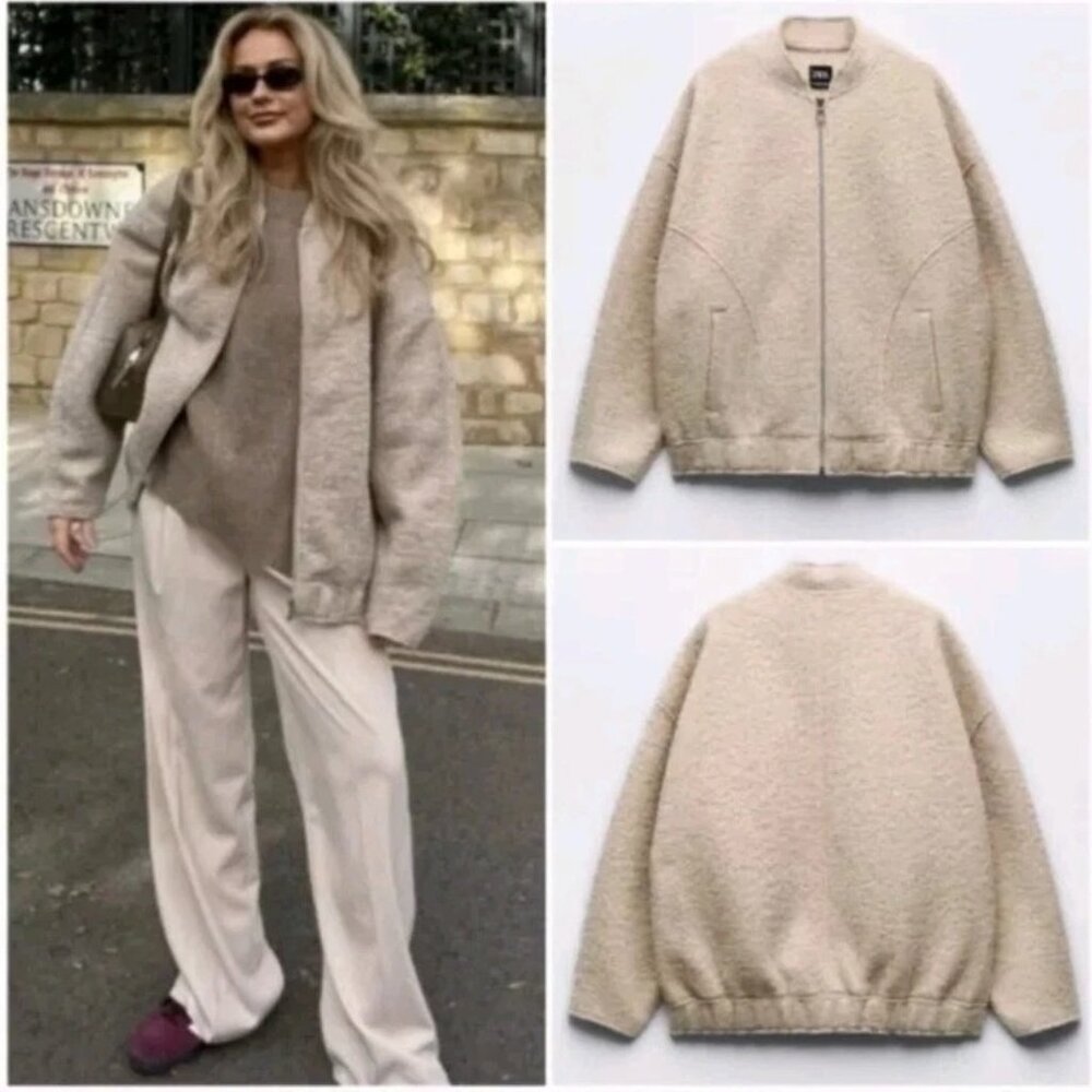 Zara Jackets & Coats Oversized Boucle Bomber Jacket Color Cream/Tan Size M/L